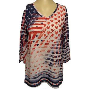Women's Top Christopher & Banks Bling Hearts Red White Blue Patriotic LS Sz M